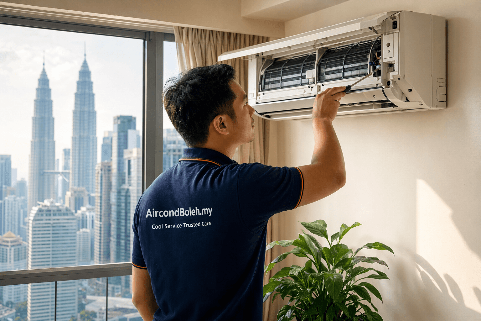 AircondBoleh technician servicing a wall-mounted aircond unit